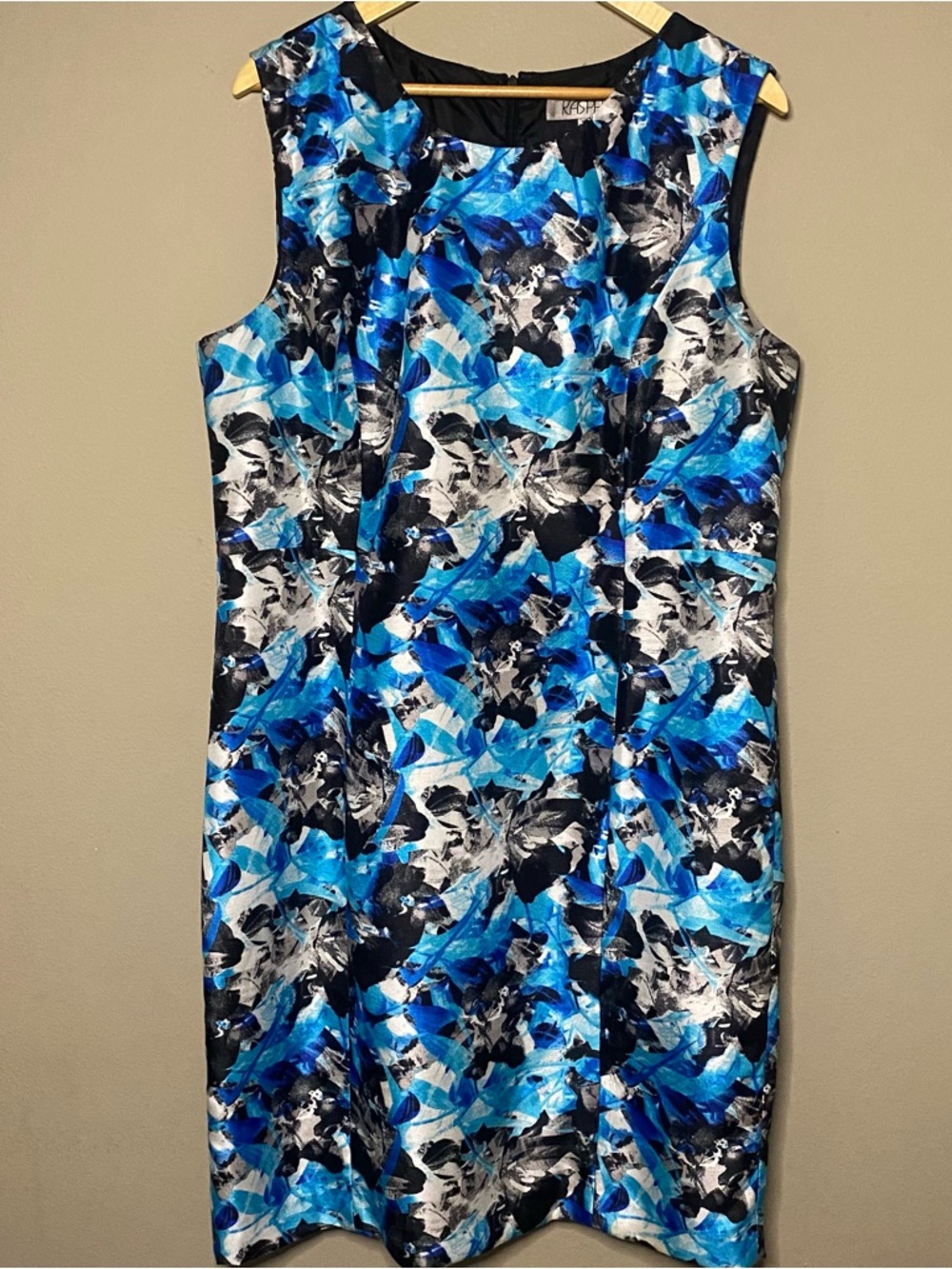 Kasper Geometric Sleeveless Sheath Dress Size 18 Blue Black Lined Back Slit